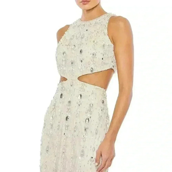 Mac Duggal CutOut Gown Maxi Dress 4 Small S Beaded Back Slit Nude Beige $998 NWT - Picture 3 of 9